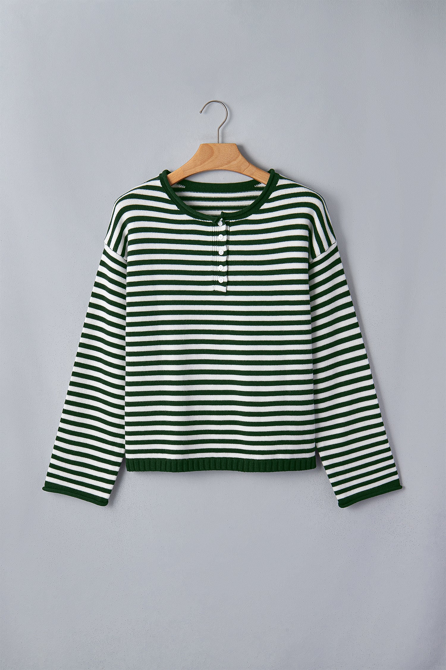 Green Stripe Striped Button Placket Drop Shoulder Long Sleeve Sweater-Sweaters & Cardigans/Sweaters-[Adult]-[Female]-2022 Online Blue Zone Planet
