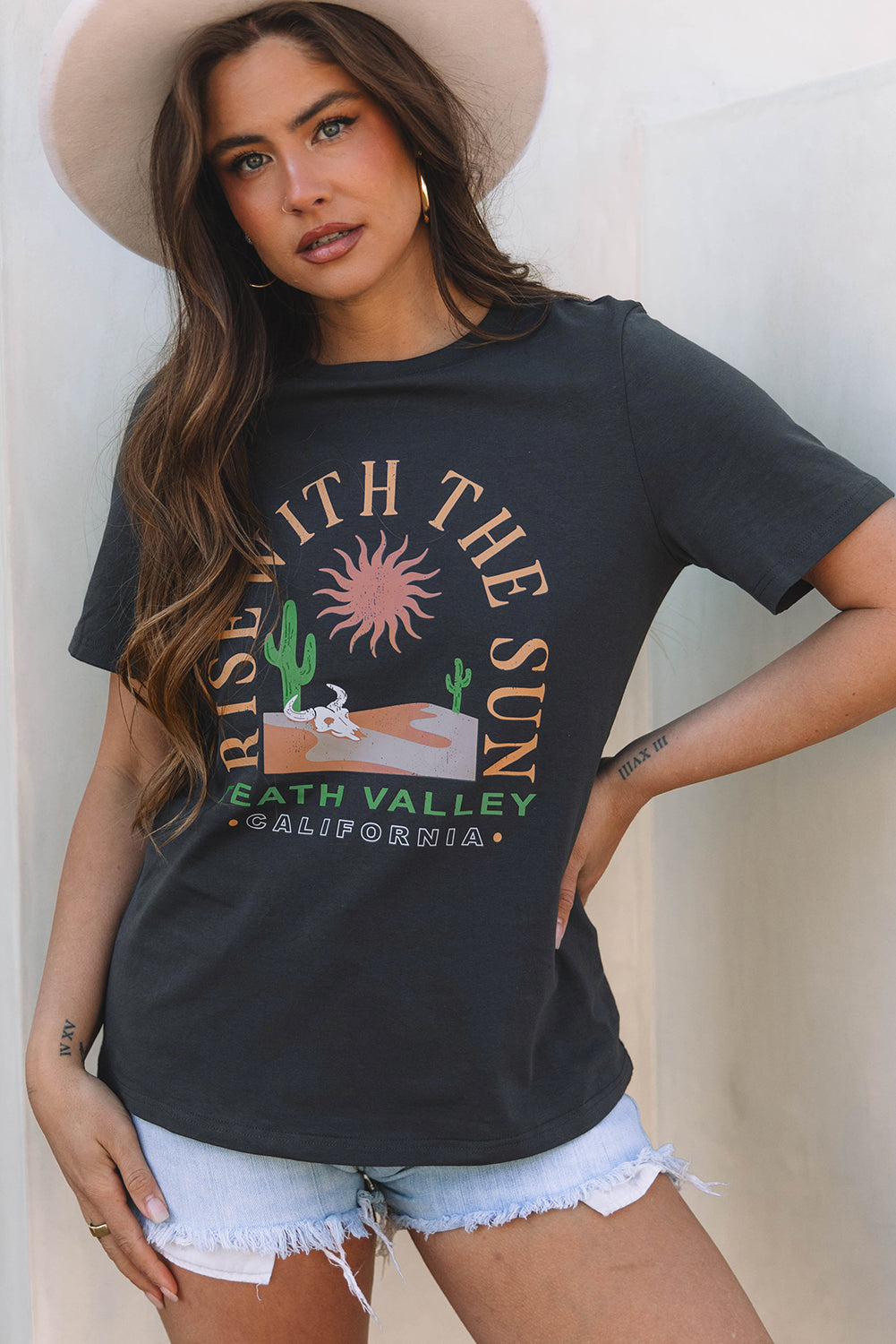 Dark Grey RISE WITH THE SUN Western Fashion Graphic Tee-Tops/Tops & Tees-[Adult]-[Female]-2022 Online Blue Zone Planet