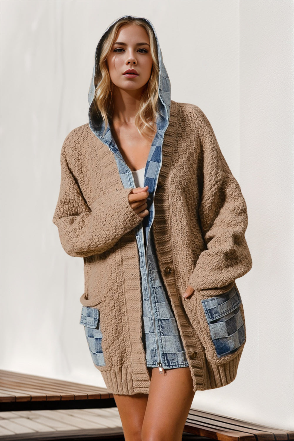 Double Take Full Size Hooded Denim Spliced Sweater Cardigan-TOPS / DRESSES-[Adult]-[Female]-Camel-S/M-2022 Online Blue Zone Planet