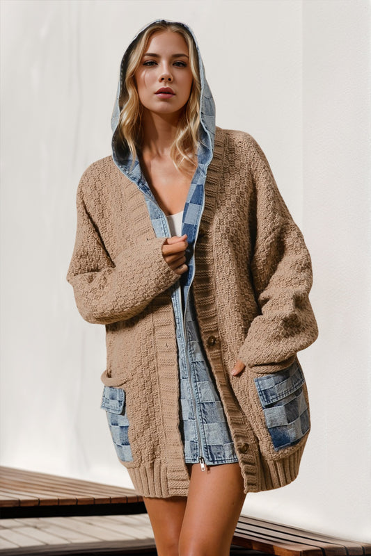 Double Take Full Size Hooded Denim Spliced Sweater Cardigan-TOPS / DRESSES-[Adult]-[Female]-Camel-S/M-2022 Online Blue Zone Planet