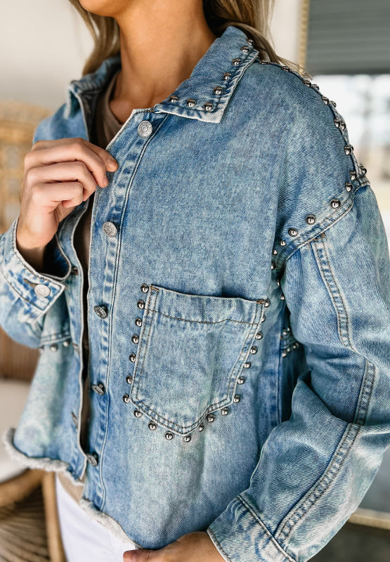 Studded Acid Wash Long Sleeve Denim Jacket-TOPS / DRESSES-[Adult]-[Female]-2022 Online Blue Zone Planet