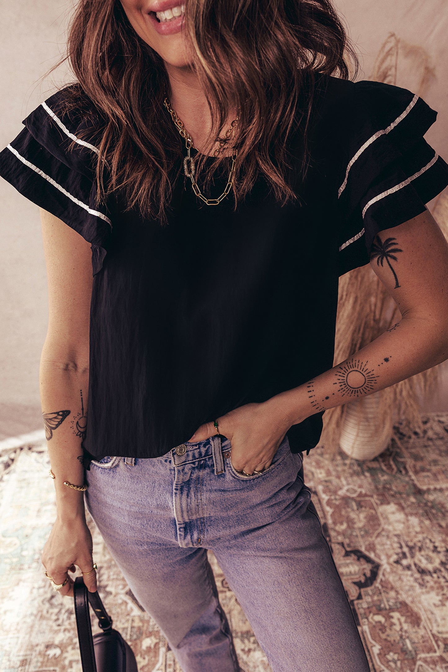 Black Contrast Trim Dual Ruffle Short Sleeve Textured Blouse-Tops/Blouses & Shirts-[Adult]-[Female]-Black-S-2022 Online Blue Zone Planet