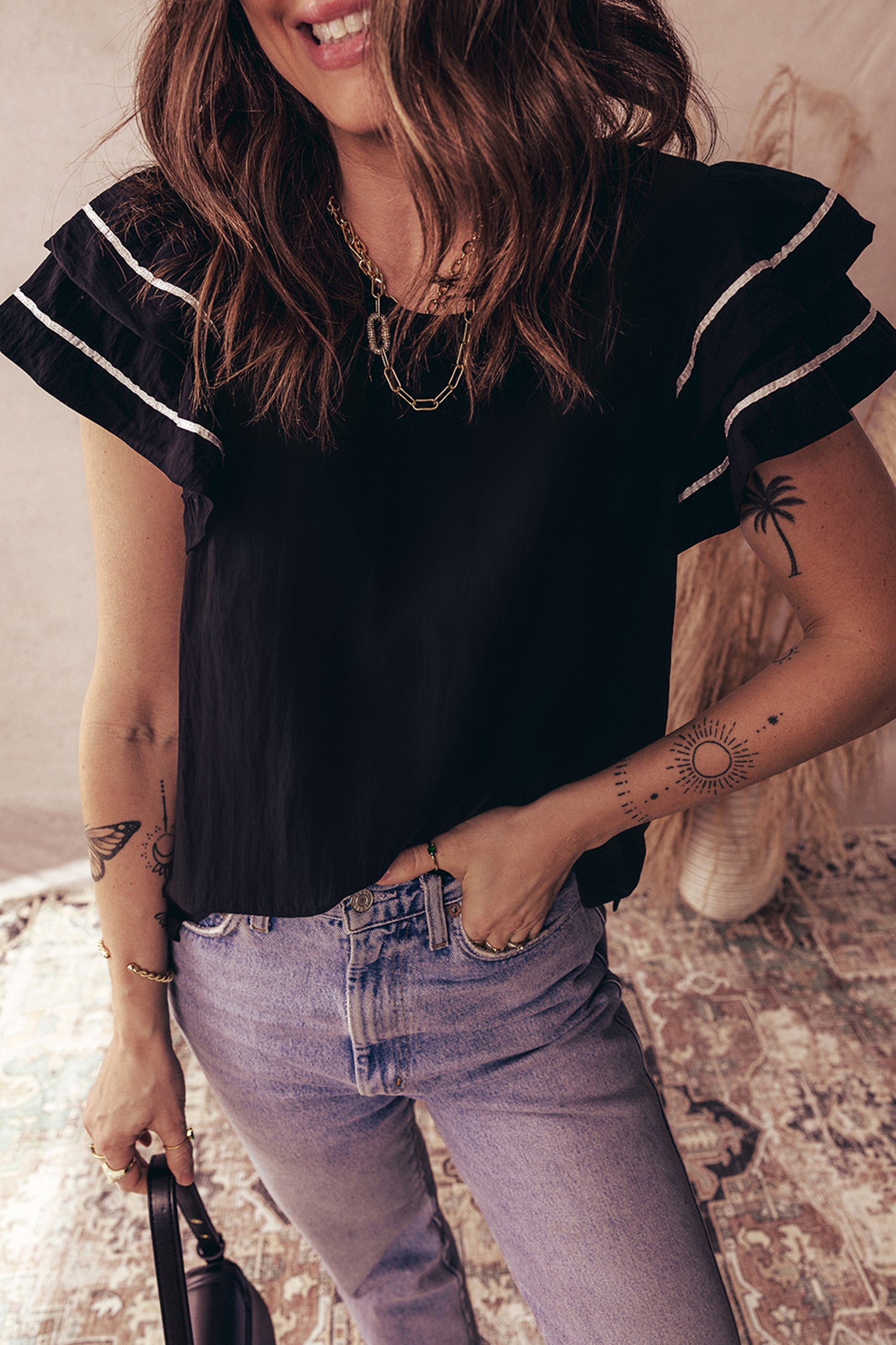 Black Contrast Trim Dual Ruffle Short Sleeve Textured Blouse-Tops/Blouses & Shirts-[Adult]-[Female]-Black-S-2022 Online Blue Zone Planet