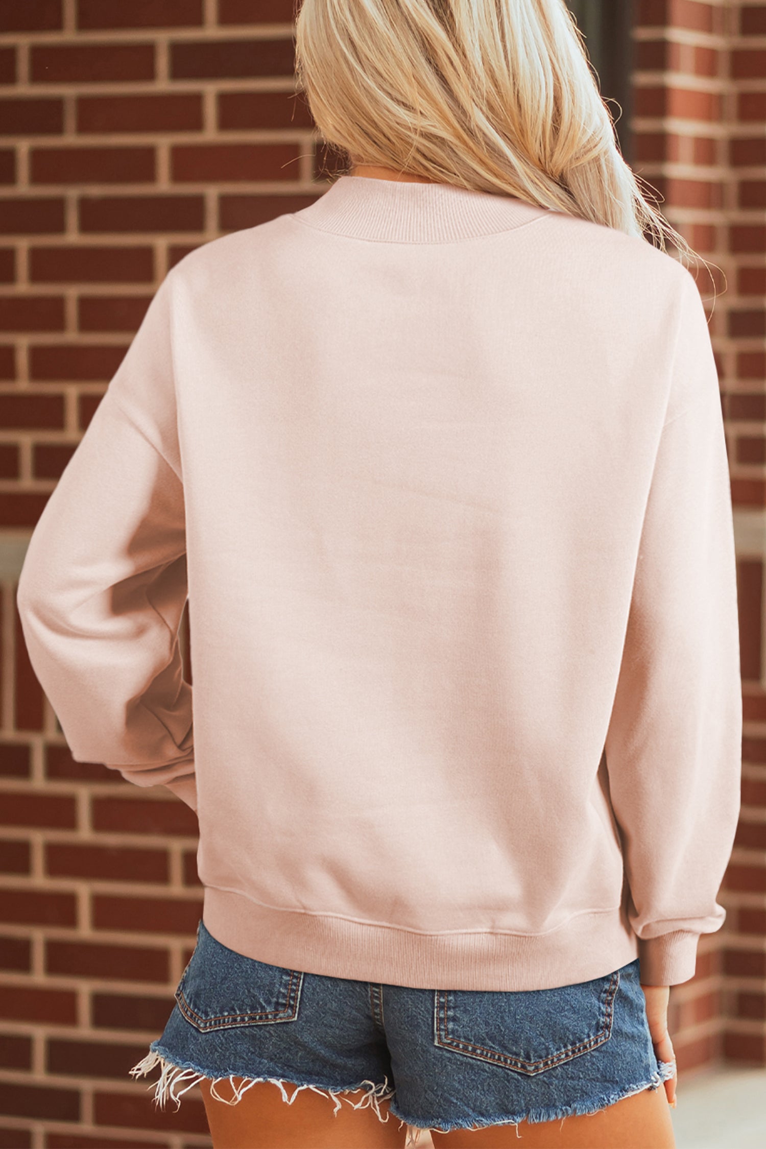 Apricot Pink Bow Knot Duck Faux Patchwork Printed Mock Neck Sweatshirt-Graphic/Graphic Sweatshirts-[Adult]-[Female]-2022 Online Blue Zone Planet