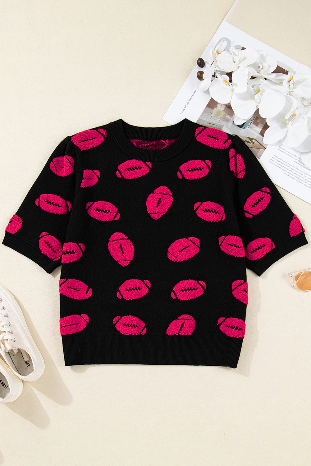 Black Rugby Print Casual Knit Short Sleeve Sweater-TOPS / DRESSES-[Adult]-[Female]-2022 Online Blue Zone Planet