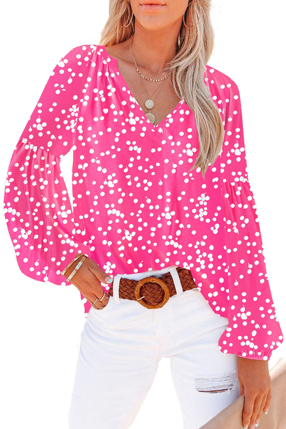 Rose Floral Print V Neck Long Puff Sleeve Top-Tops/Blouses & Shirts-[Adult]-[Female]-2022 Online Blue Zone Planet
