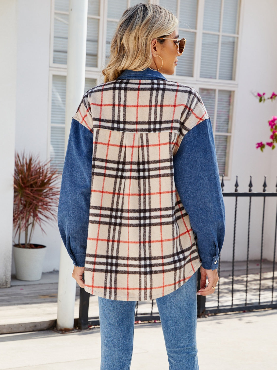 Plaid Long Sleeve Denim Jacket-TOPS / DRESSES-[Adult]-[Female]-2022 Online Blue Zone Planet