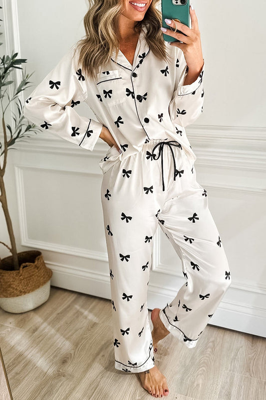 White Bows Print Two Piece Sleepwear-Loungewear & Sleepwear/Sleepwear-[Adult]-[Female]-White-S-2022 Online Blue Zone Planet