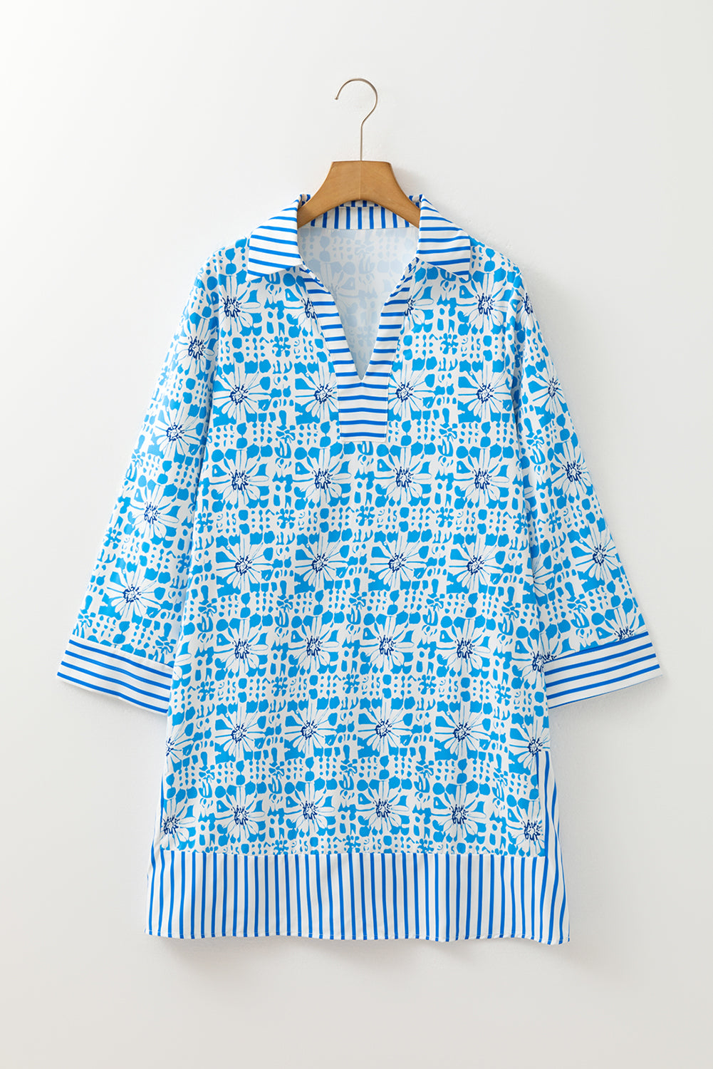Sky Blue Contrast Striped Trim Floral Shift Fit Fall Dress-TOPS / DRESSES-[Adult]-[Female]-2022 Online Blue Zone Planet