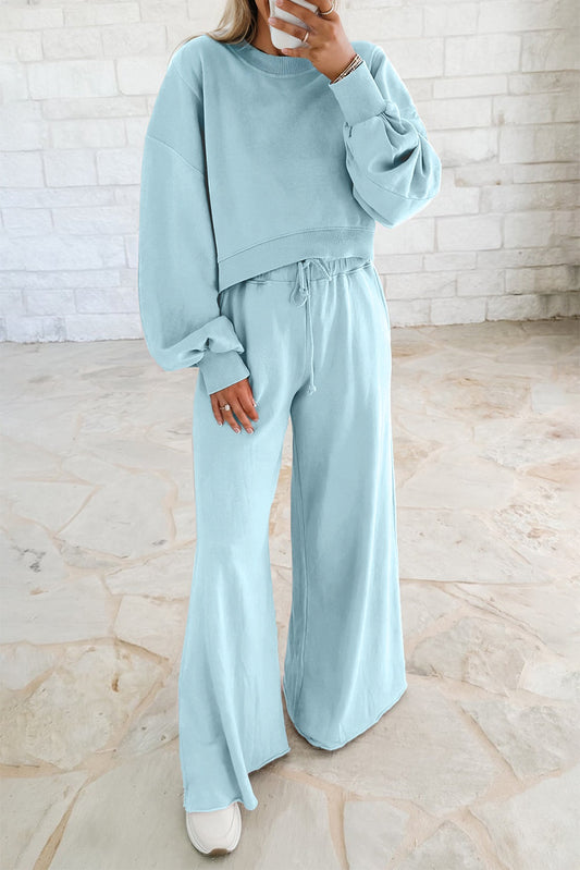 Mist Blue Drop Shoulder Puff Sleeve Crop Pullover Drawstring Wide Leg Pants Set