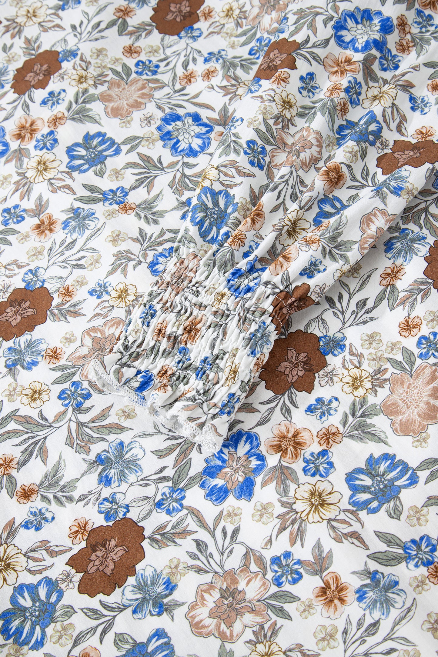 Brown Plaid Frilled Trim V Neck Floral Long Sleeve Blouse-Tops/Blouses & Shirts-[Adult]-[Female]-2022 Online Blue Zone Planet