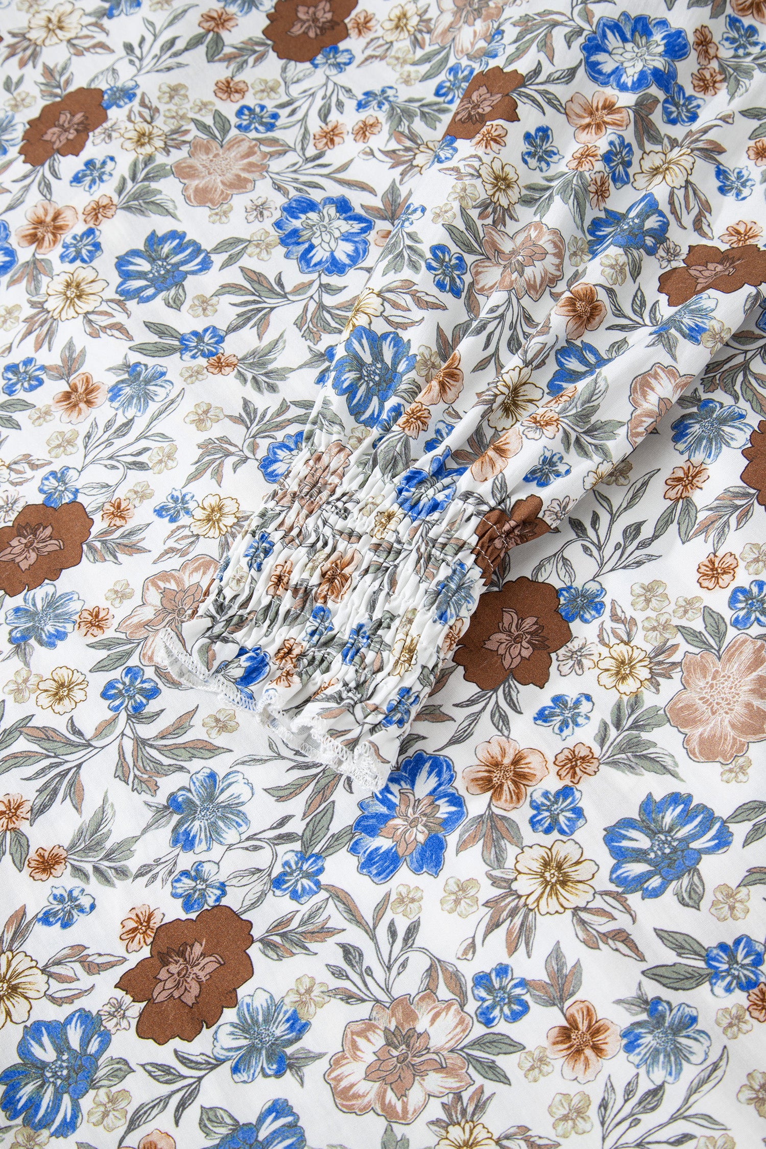 Brown Plaid Frilled Trim V Neck Floral Long Sleeve Blouse-Tops/Blouses & Shirts-[Adult]-[Female]-2022 Online Blue Zone Planet