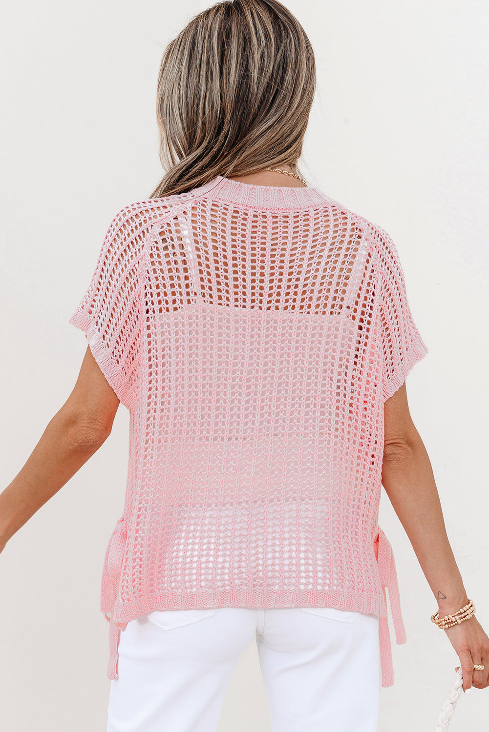 Pink Hollow-Out Crochet Side Tied Short Sleeve Sweater-TOPS / DRESSES-[Adult]-[Female]-2022 Online Blue Zone Planet