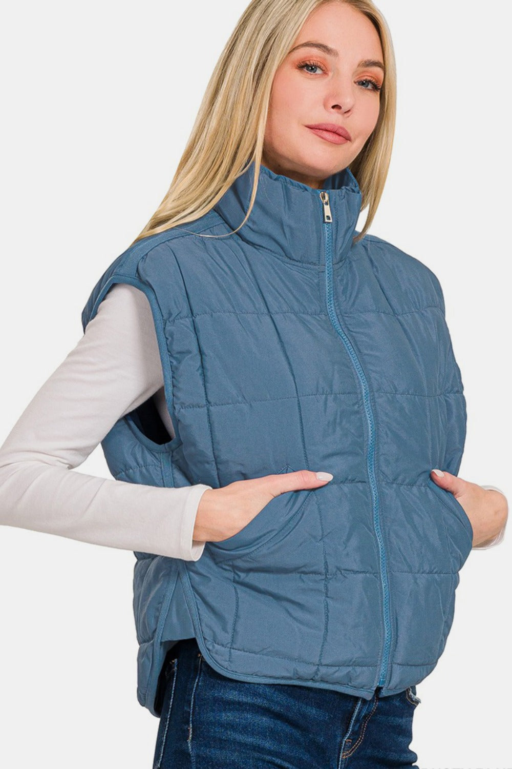 Zenana Zip Up Cropped Puffer Vest with Pockets-TOPS / DRESSES-[Adult]-[Female]-2022 Online Blue Zone Planet