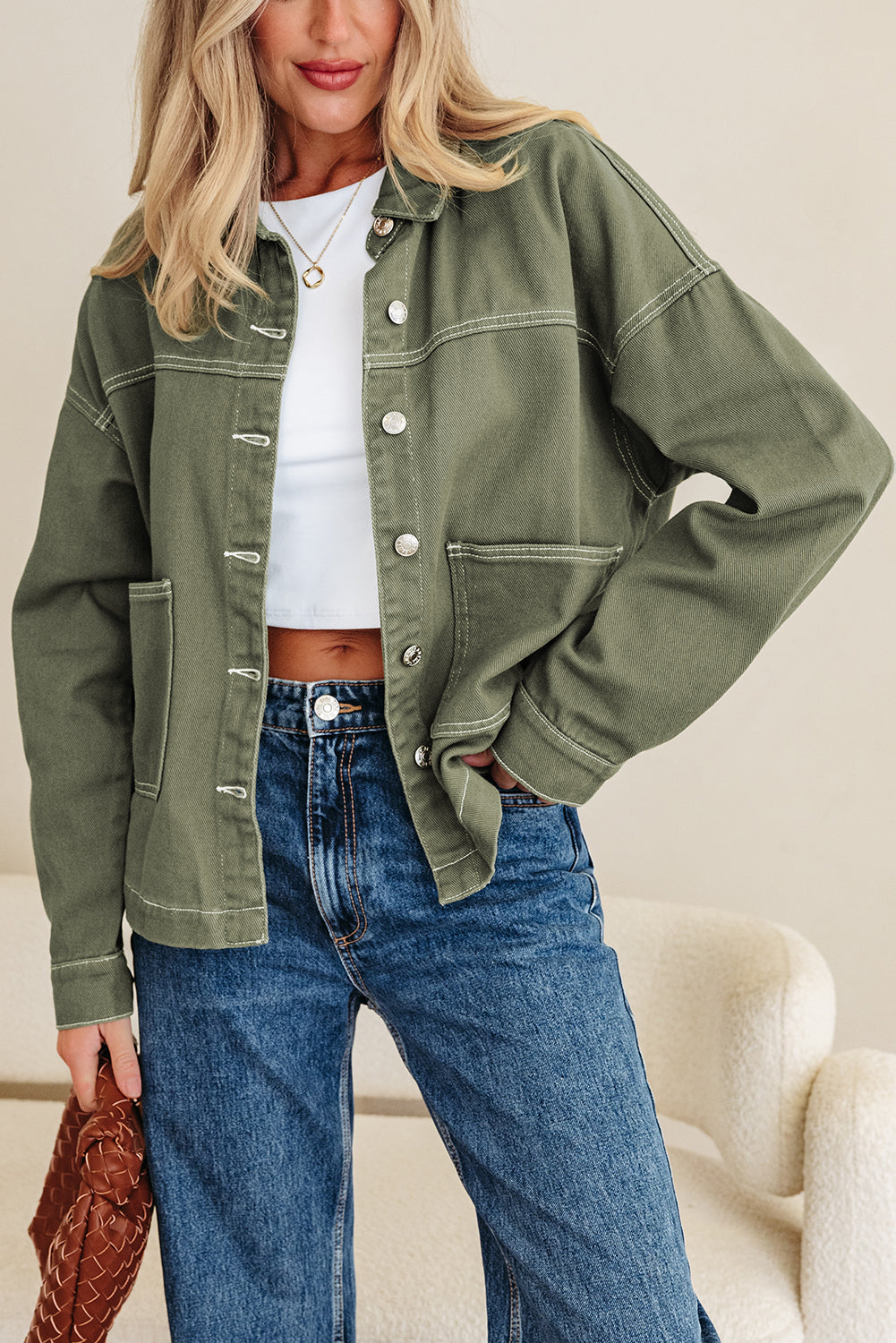 Smoke Green Patched Pocket Collared Button Front Boyfriend Denim Jacket-Outerwear/Denim jackets-[Adult]-[Female]-2022 Online Blue Zone Planet