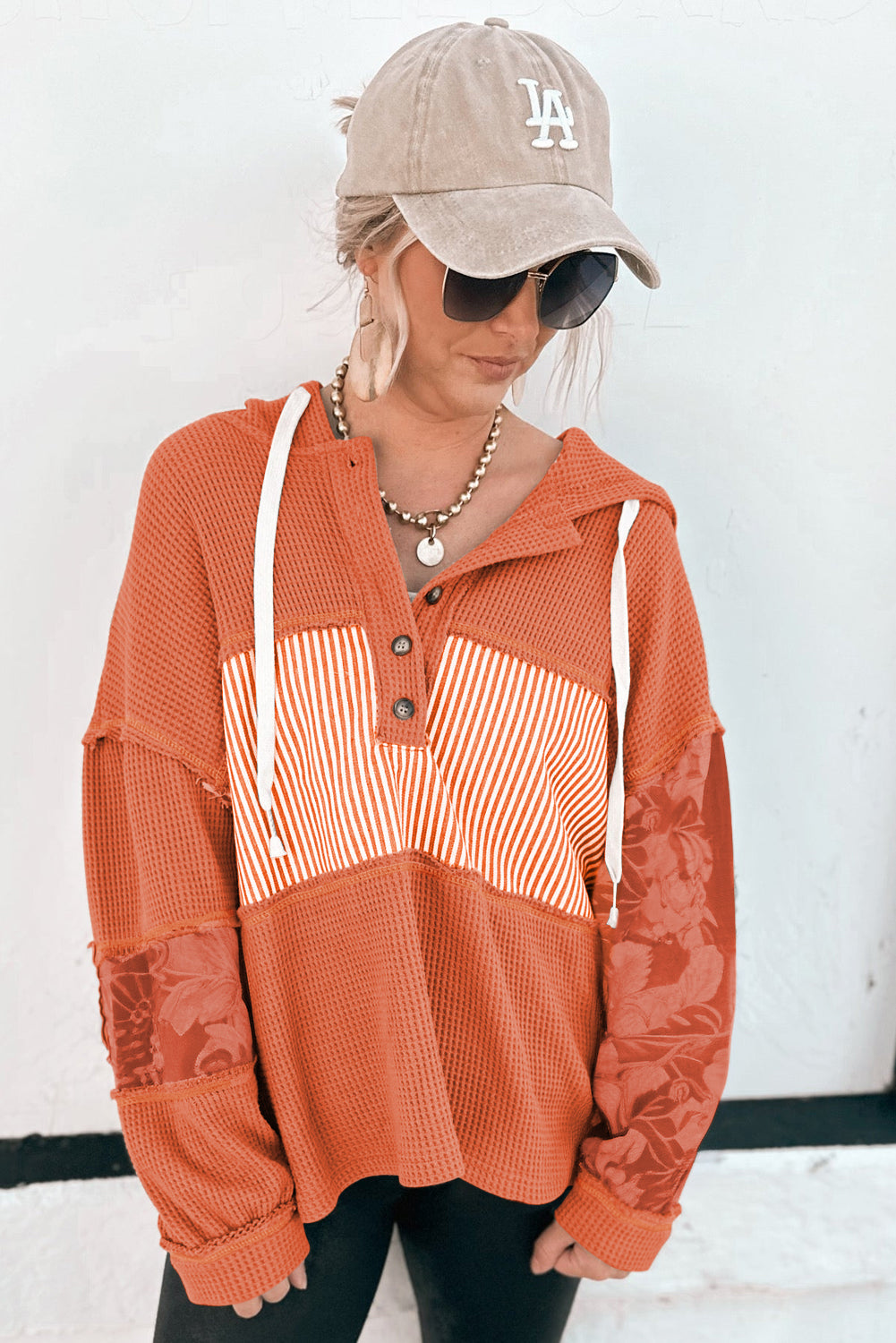 Cinnamon Waffle Printed Patchwork Drawstring Hooded Long Sleeve Top-Tops/Long Sleeve Tops-[Adult]-[Female]-2022 Online Blue Zone Planet