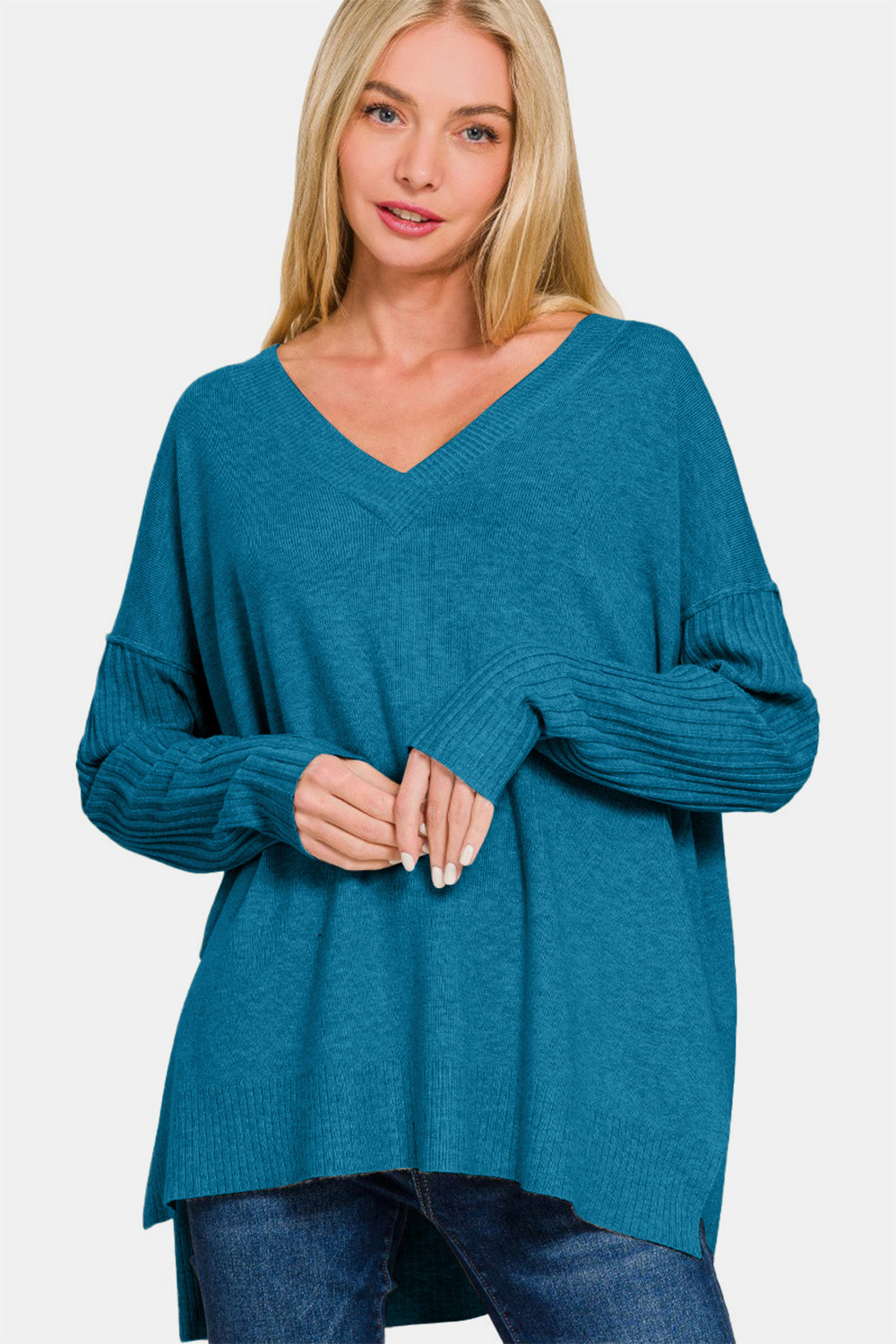 Zenana V-Neck Side Slit High-Low Sweater-TOPS / DRESSES-[Adult]-[Female]-H Ocean Teal-S/M-2022 Online Blue Zone Planet