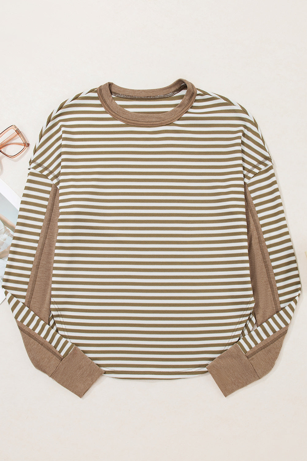 Khaki Stripe Thermal Knit Drop Shoulder Casual Top-Tops/Long Sleeve Tops-[Adult]-[Female]-2022 Online Blue Zone Planet