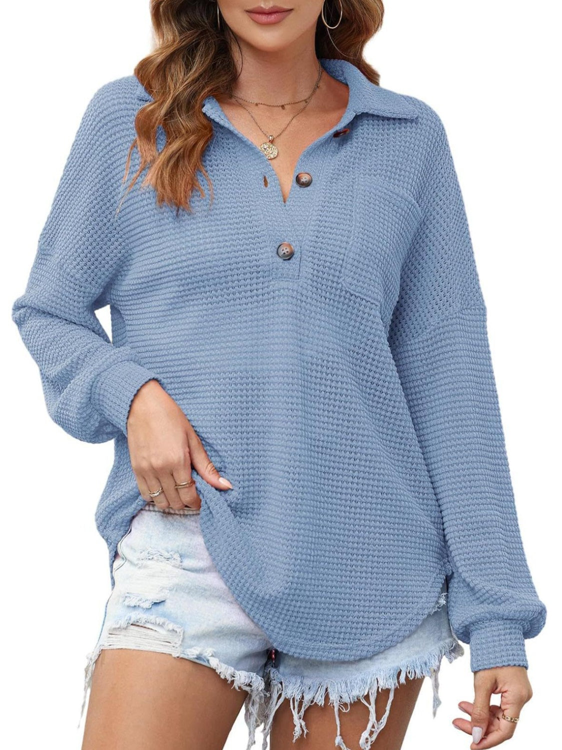 Blue Zone Planet | Waffle-Knit Dropped Shoulder Long Sleeve Sweatshirt-TOPS / DRESSES-[Adult]-[Female]-Dusty Blue-S-2022 Online Blue Zone Planet