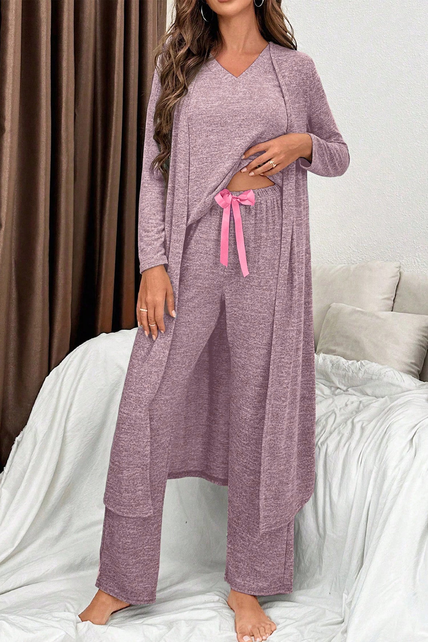 Delicacy 3pcs V Neck T Shirt Ribbon Knot Pants Open Duster 3pcs Lounge Set-Loungewear & Sleepwear/Loungewear-[Adult]-[Female]-Delicacy-S-2022 Online Blue Zone Planet