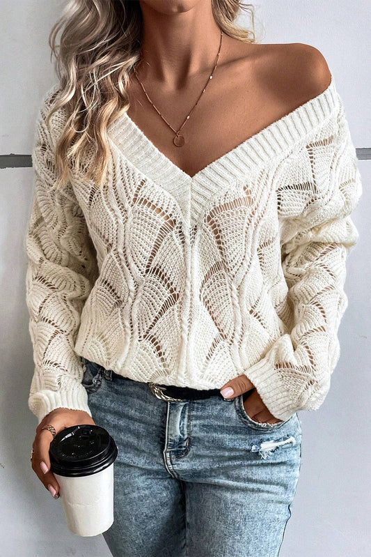 Blue Zone Planet | Beige Hollow Out Knit V Neck Drop Shoulder Sweater-Sweaters & Cardigans/Sweaters-[Adult]-[Female]-Beige-S-2022 Online Blue Zone Planet