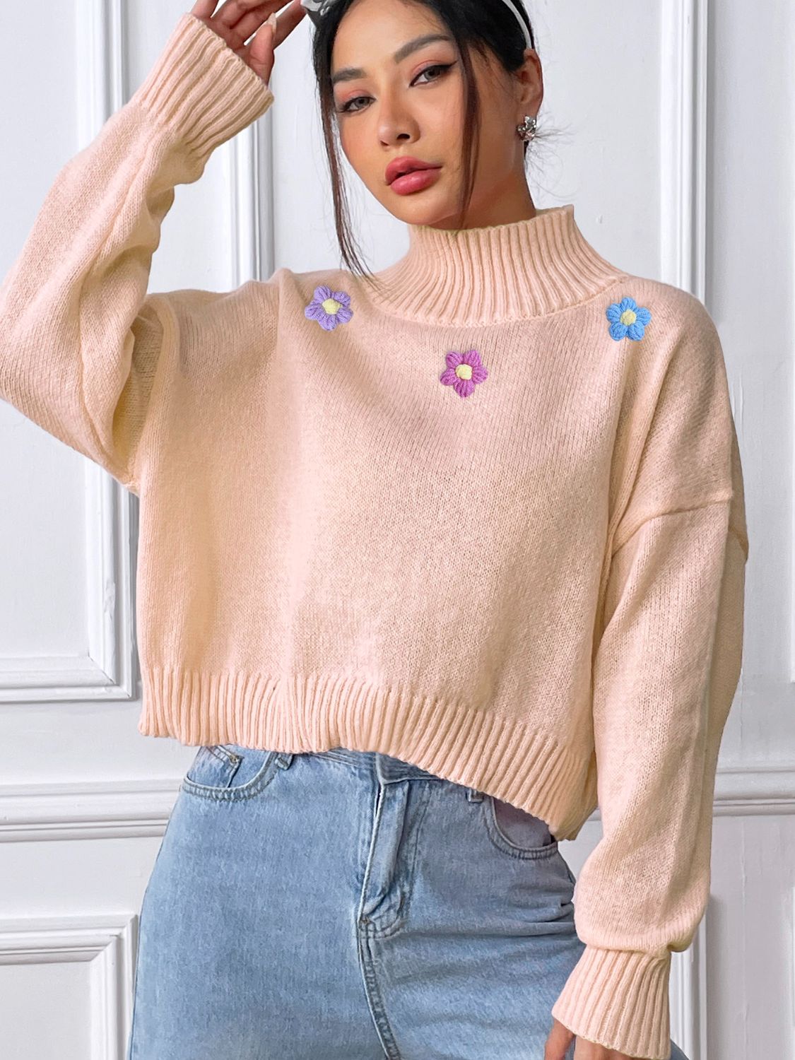 Blue Zone Planet | Flower Turtleneck Long Sleeve Sweater-TOPS / DRESSES-[Adult]-[Female]-Tan-S-2022 Online Blue Zone Planet