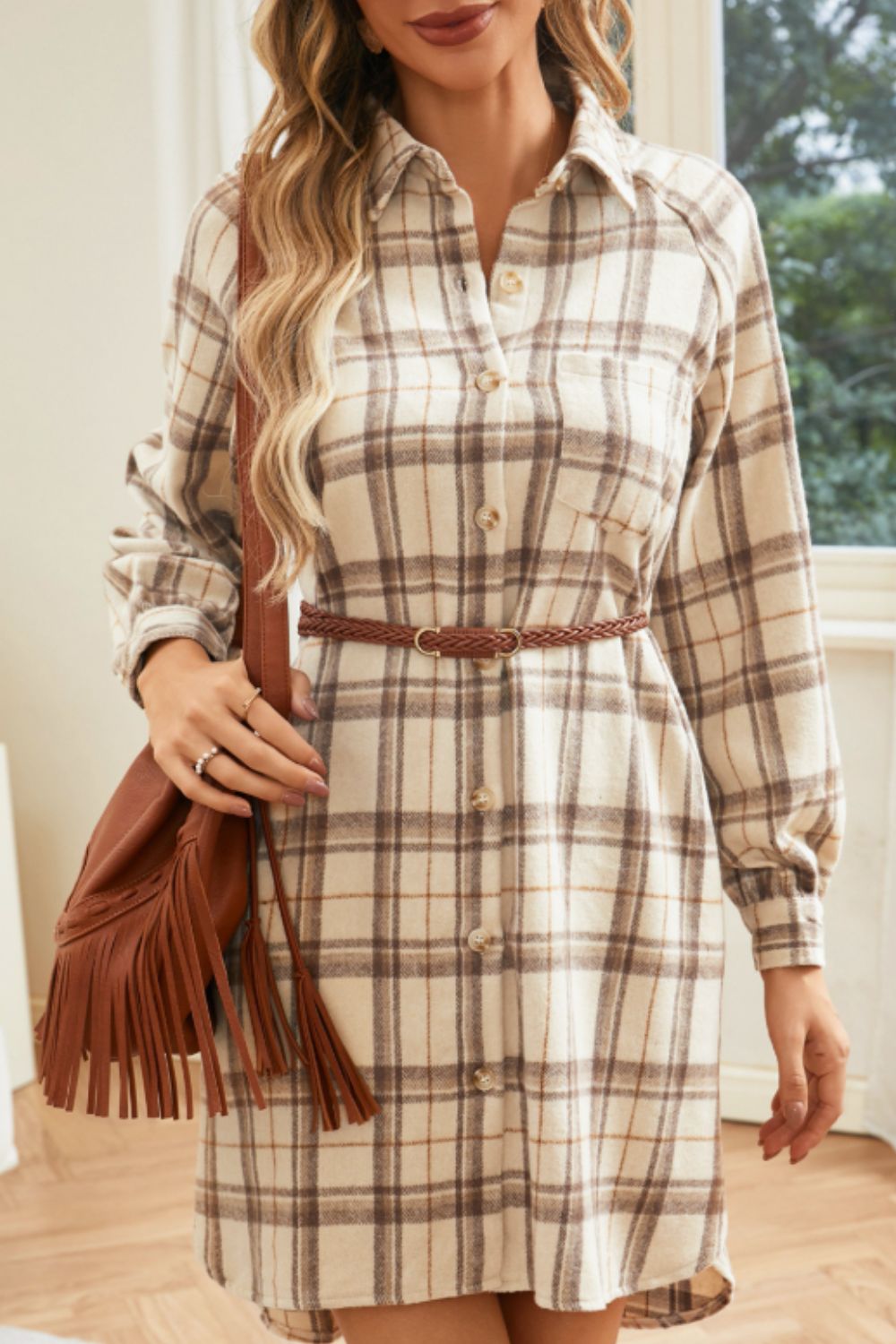 Blue Zone Planet | Plaid Collared Neck Long Sleeve Mini Shirt Dress-TOPS / DRESSES-[Adult]-[Female]-2022 Online Blue Zone Planet