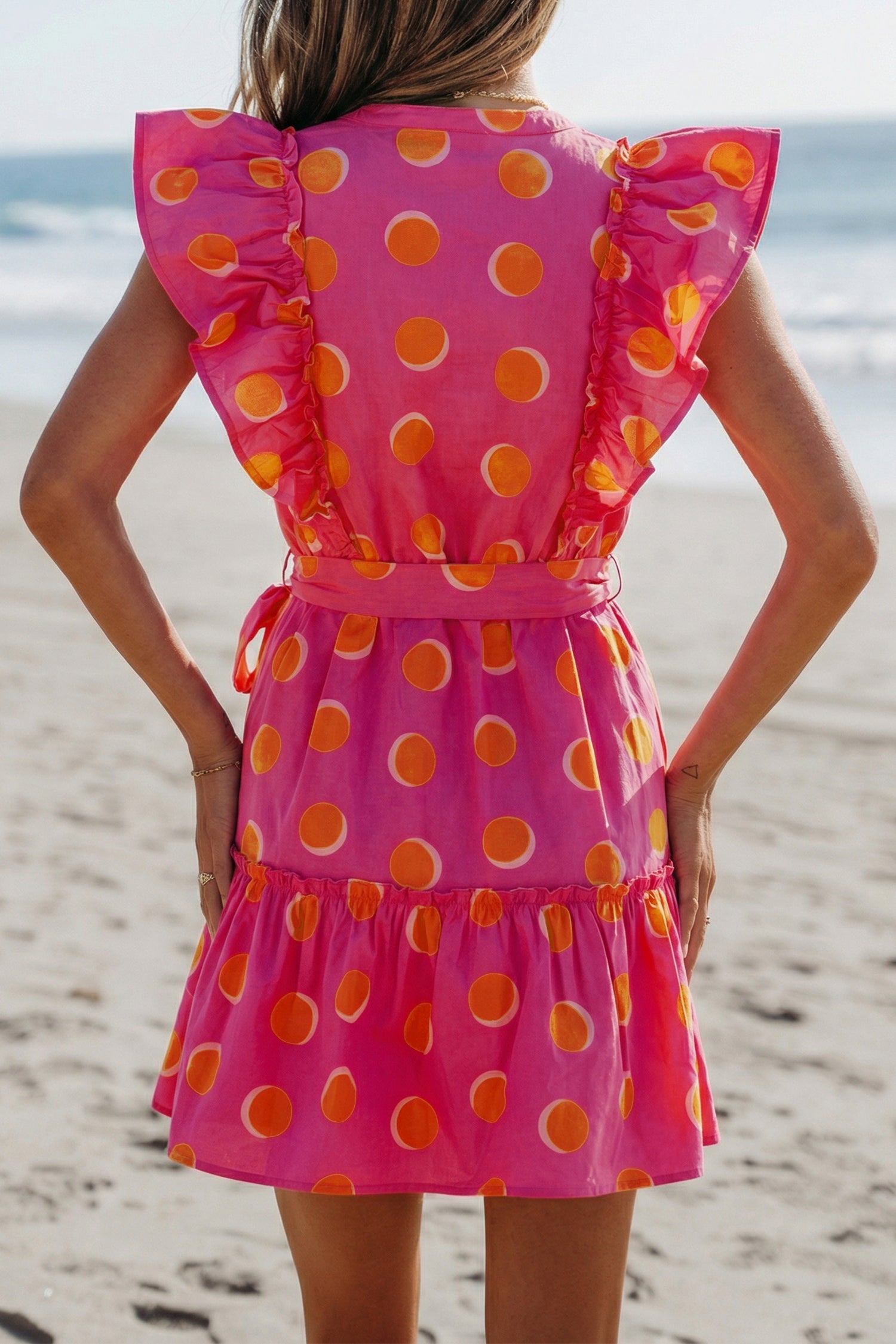 Rose Double Polka Dot V Neck Ruffled Short Sleeve Dress-Dresses/Mini Dresses-[Adult]-[Female]-2022 Online Blue Zone Planet