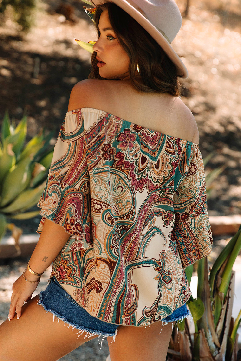 Apricot Paisley Printed Shirred Off Shoulder Ruffled Draped Sleeve Blouse-Tops/Blouses & Shirts-[Adult]-[Female]-2022 Online Blue Zone Planet