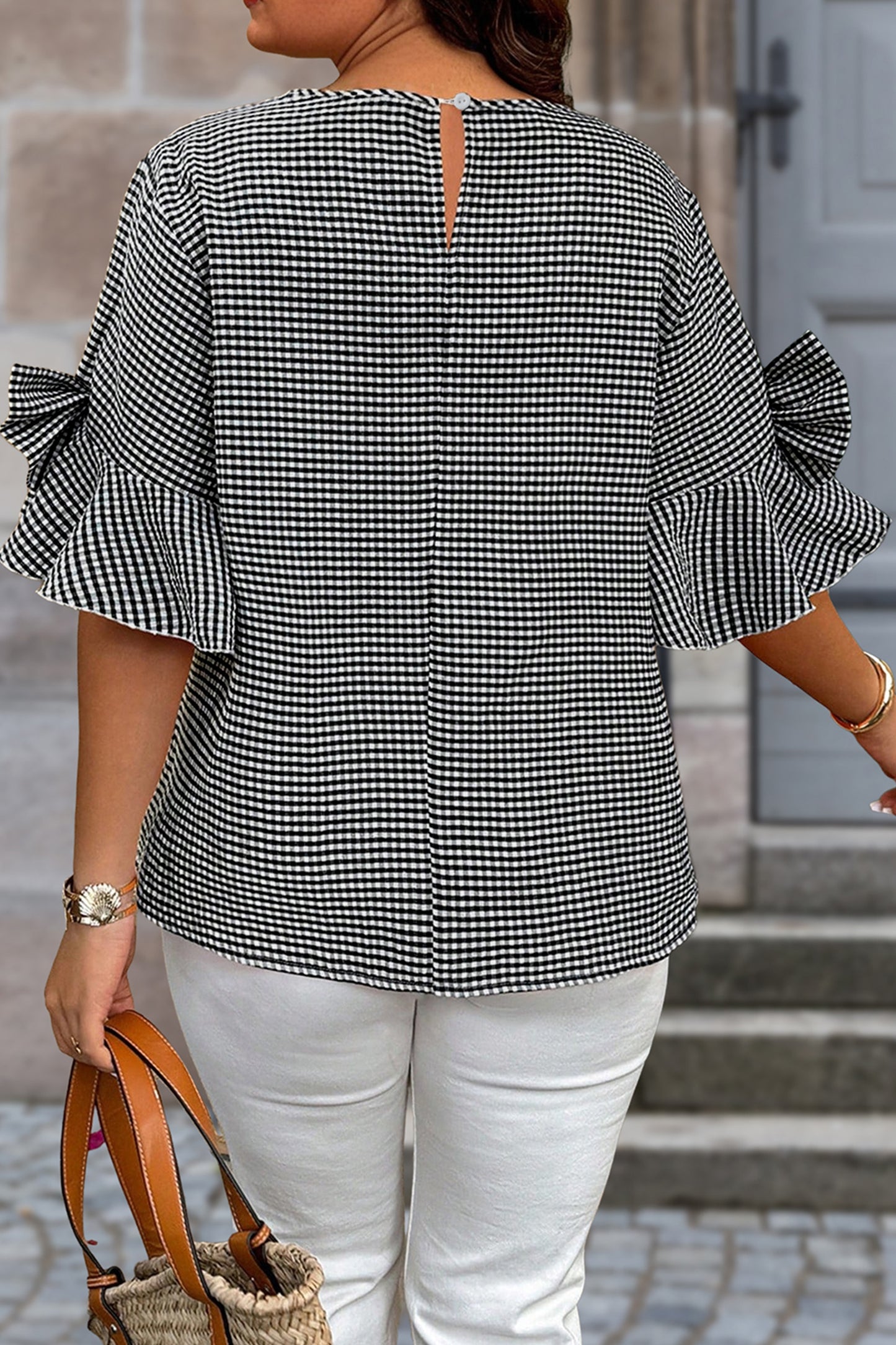 Black Plus Size Plaid Bow Decor Bell Sleeve Round Neck Jumper-Plus Size/Plus Size Tops/Plus Size Tops & Tees-[Adult]-[Female]-2022 Online Blue Zone Planet