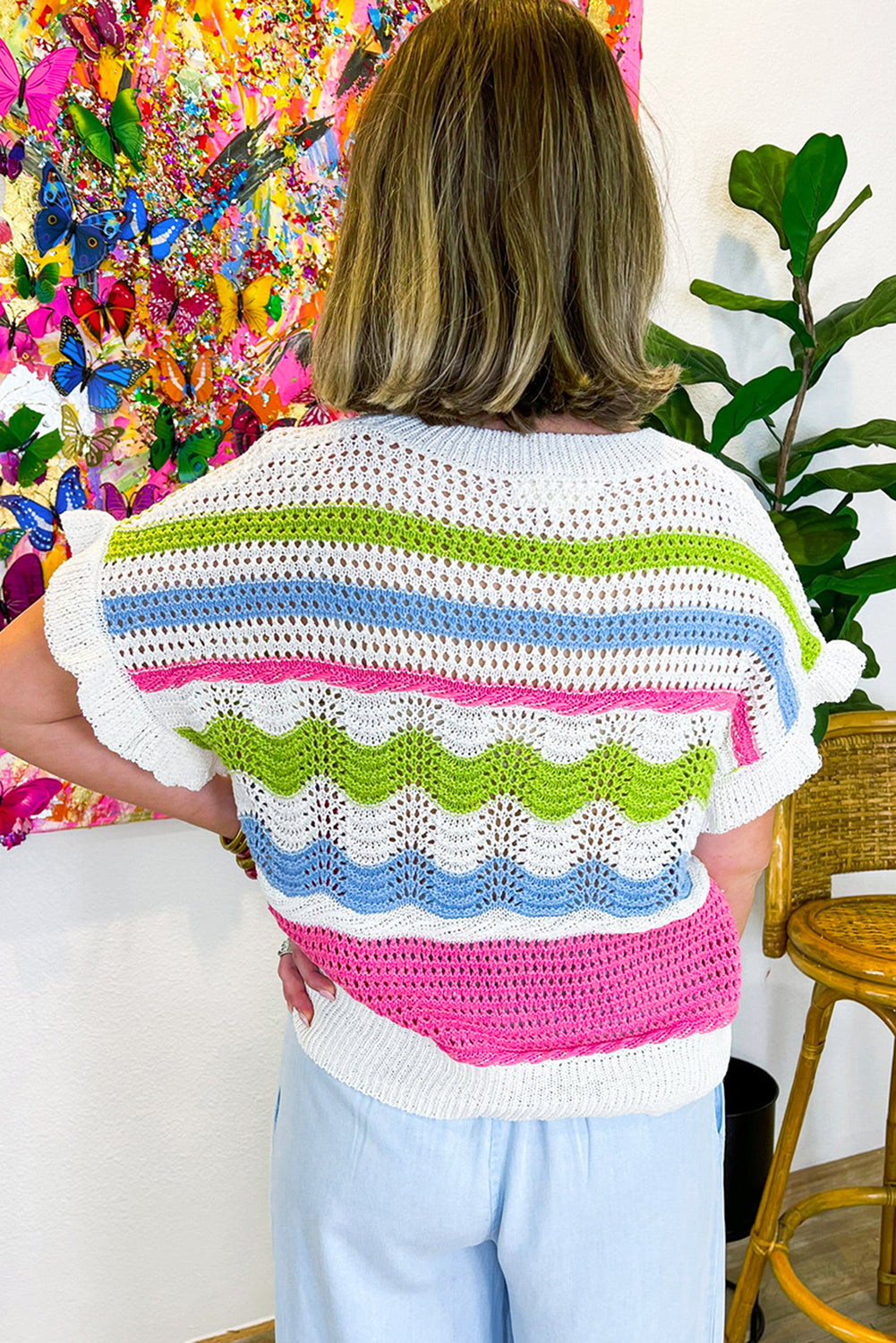 White Colorblock Crochet Knit Ruffled Short Sleeve Sweater Top-Sweaters & Cardigans/Short Sleeve Sweaters-[Adult]-[Female]-2022 Online Blue Zone Planet