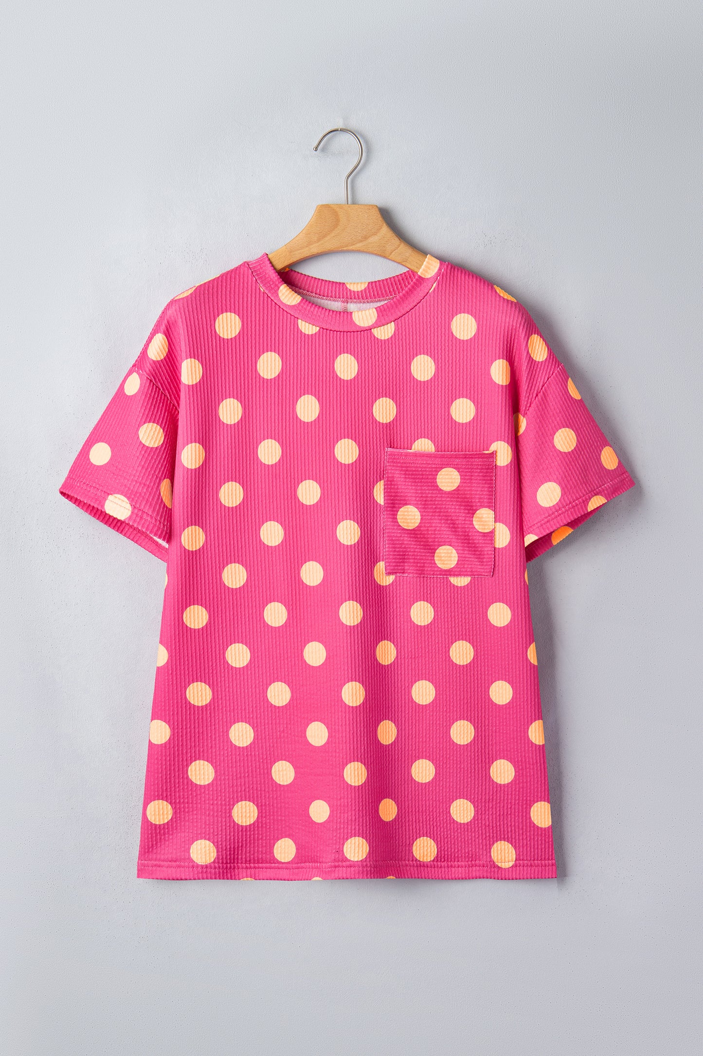 Pink Polka Dot Round Neck Drop Shoulder Patch Pocket Jacquard Texture Top-Tops/Tops & Tees-[Adult]-[Female]-2022 Online Blue Zone Planet