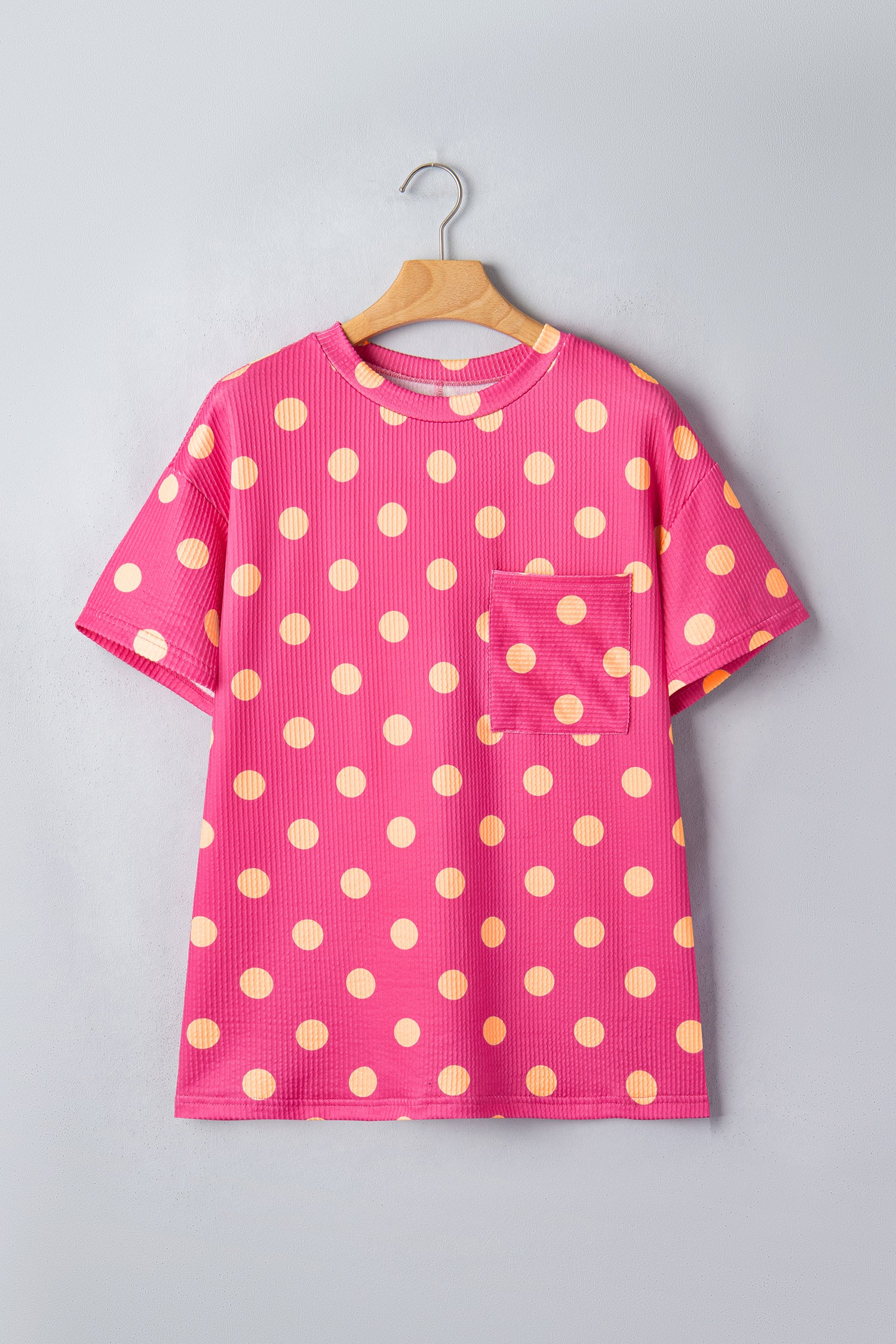 Pink Polka Dot Round Neck Drop Shoulder Patch Pocket Jacquard Texture Top-Tops/Tops & Tees-[Adult]-[Female]-2022 Online Blue Zone Planet