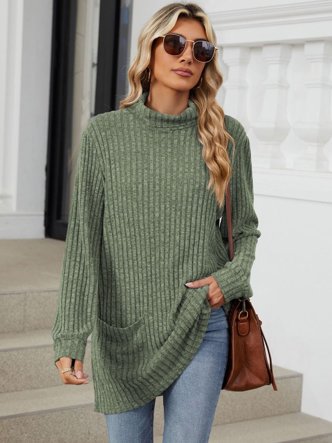 Blue Zone Planet | Ribbed Mock Neck Long Sleeve T-Shirt-TOPS / DRESSES-[Adult]-[Female]-Matcha Green-S-2022 Online Blue Zone Planet