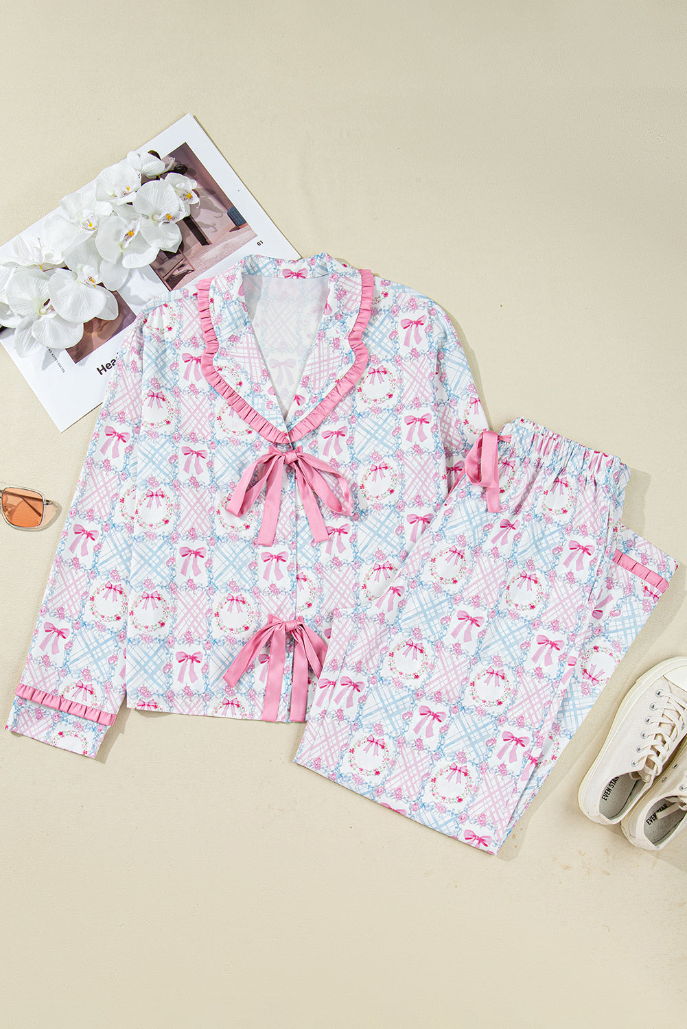 Pink Bow Wreath Pattern Christmas Holiday Tied Front Long Sleeve 2pcs Pajama Set-Loungewear & Sleepwear/Sleepwear-[Adult]-[Female]-2022 Online Blue Zone Planet
