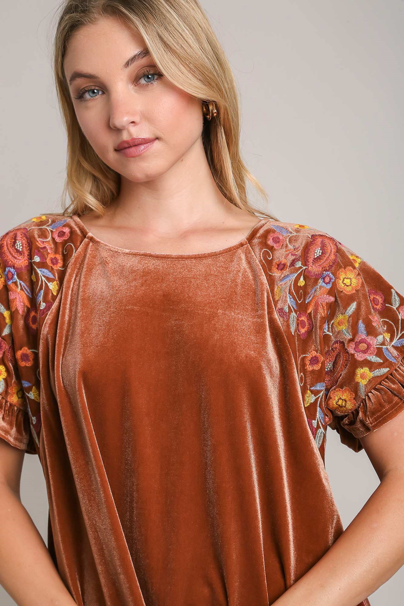 Blue Zone Planet | Umgee Velvet Embroidery Short Sleeve Blouse-TOPS / DRESSES-[Adult]-[Female]-2022 Online Blue Zone Planet