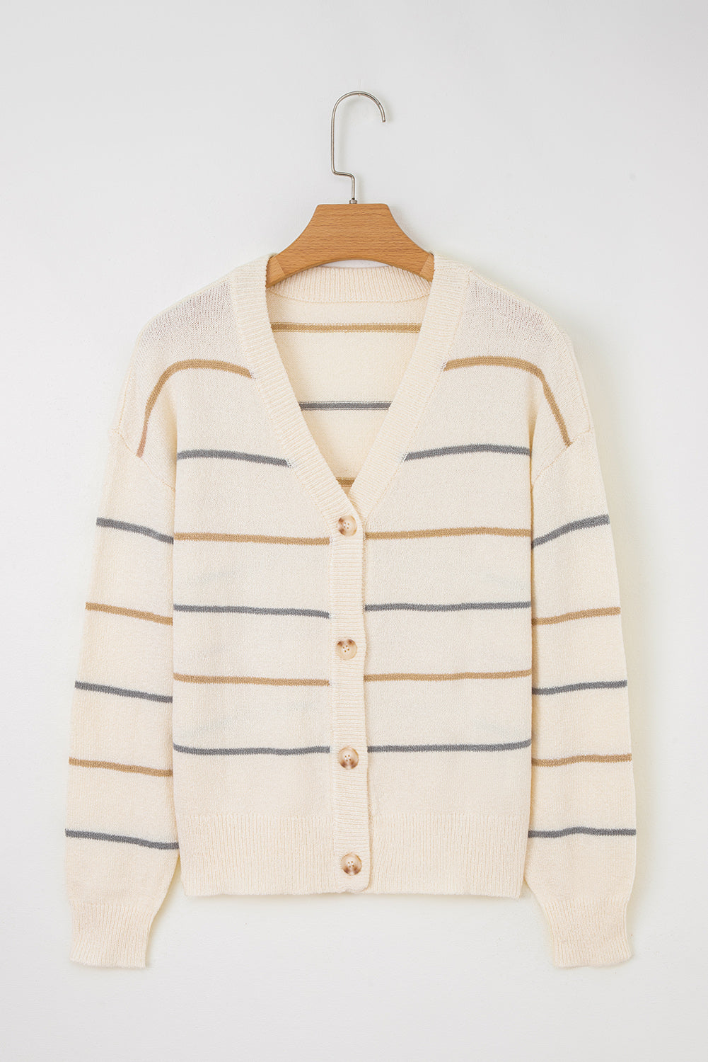 Multicolour Striped Buttoned Front V Neck Drop Shoulder Cardigan Sweater-Sweaters & Cardigans/Cardigans-[Adult]-[Female]-2022 Online Blue Zone Planet