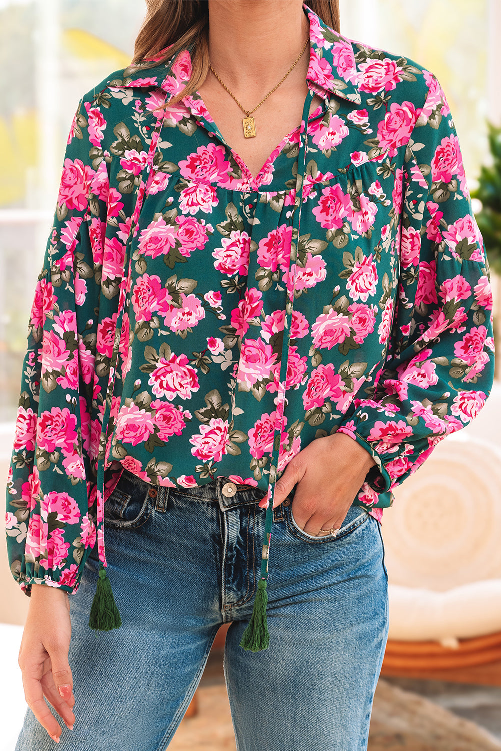 Blue Zone Planet | Green Floral Printed Tied Collar Puff Sleeve Blouse-Tops/Blouses & Shirts-[Adult]-[Female]-2022 Online Blue Zone Planet