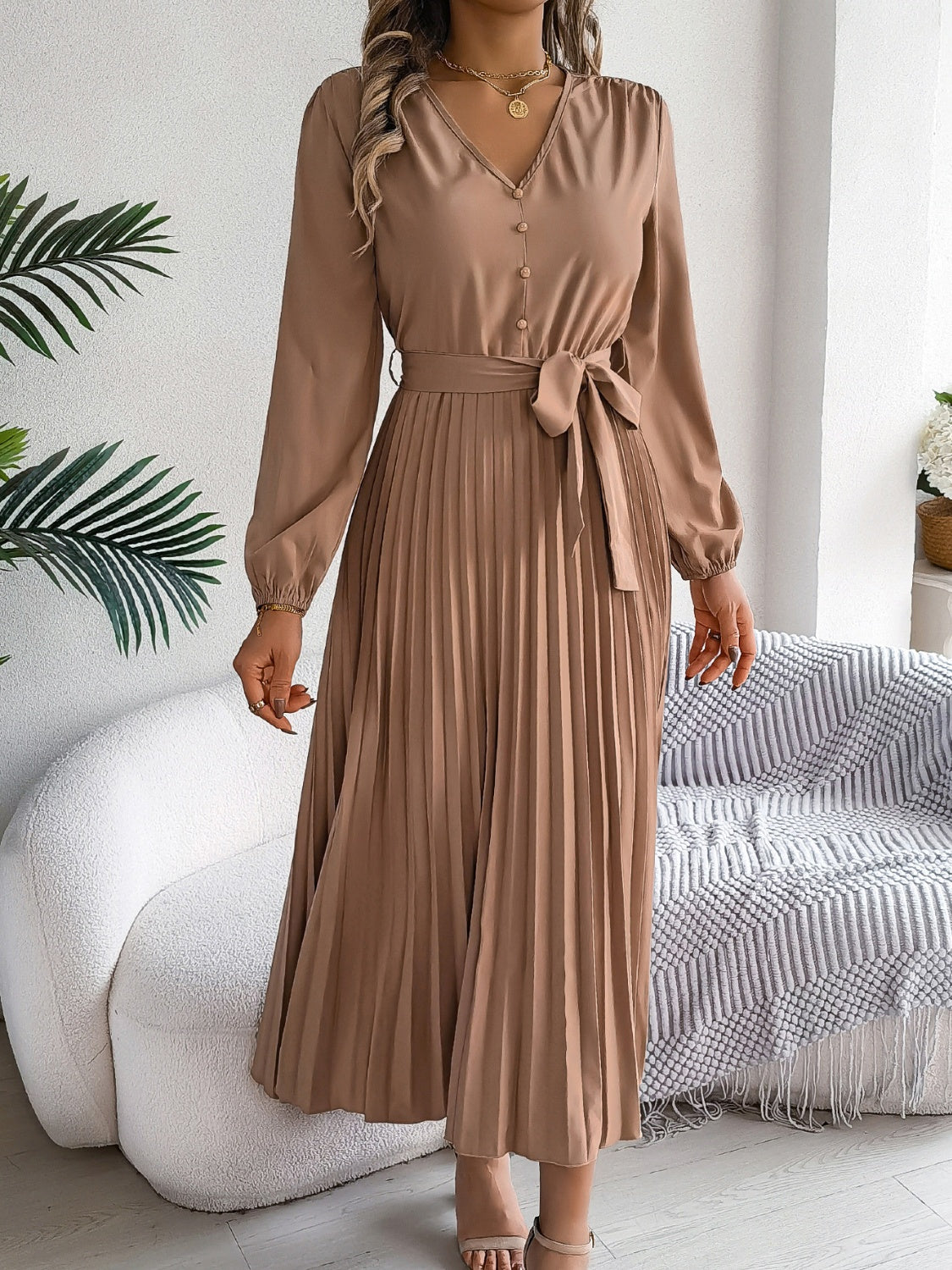 Pleated Tied V-Neck Long Sleeve Dress-TOPS / DRESSES-[Adult]-[Female]-2022 Online Blue Zone Planet