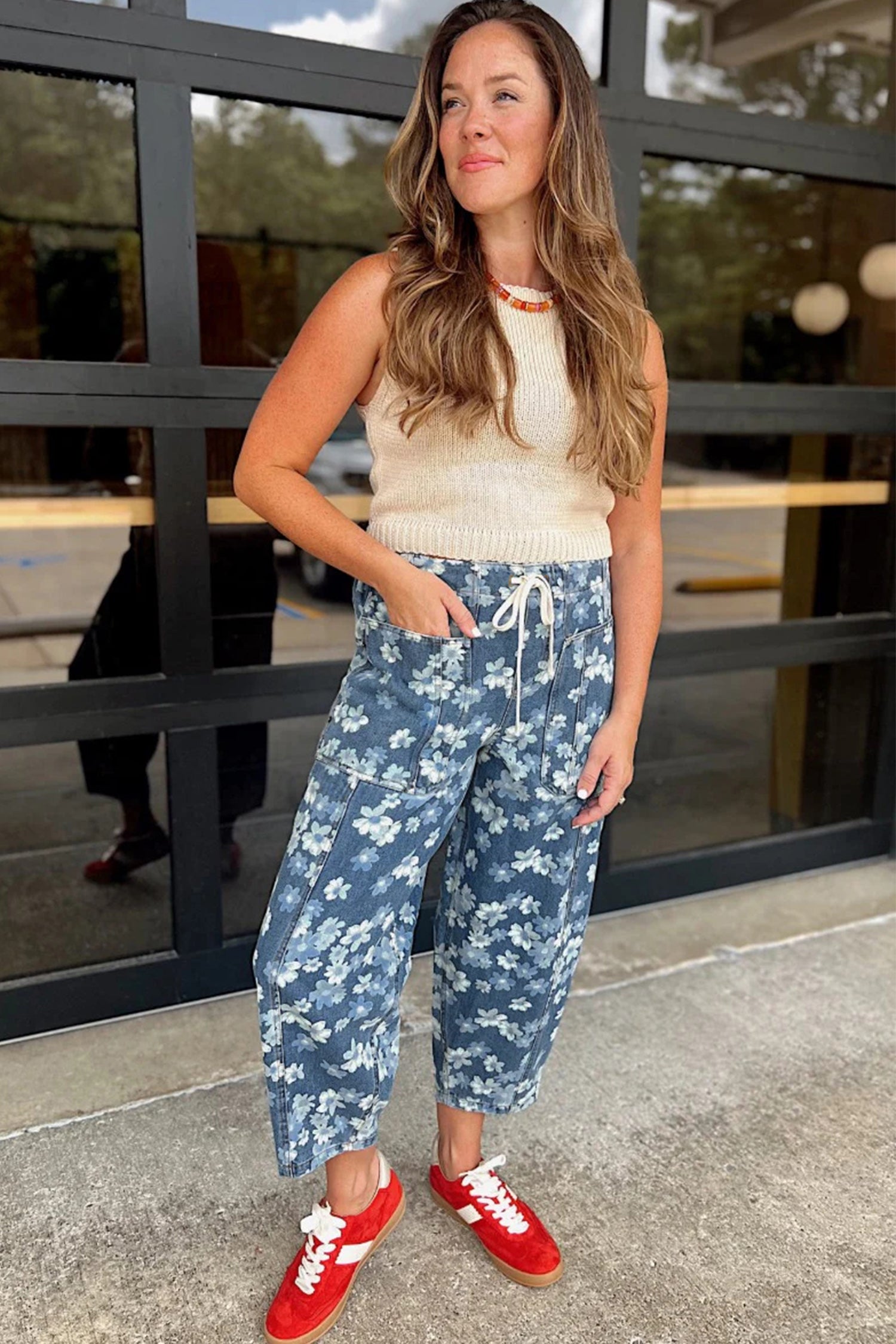 Sky Blue Dainty Floral Printed Drawstring Barrel Jeans-Bottoms/Jeans-[Adult]-[Female]-2022 Online Blue Zone Planet