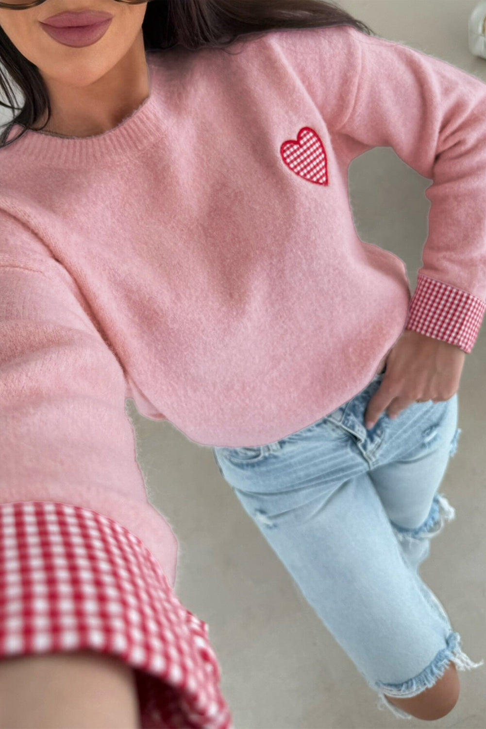 White Plaid Heart Embroidered Cuffed Drop Shoulder Crew Neck Sweater-Sweaters-[Adult]-[Female]-2022 Online Blue Zone Planet