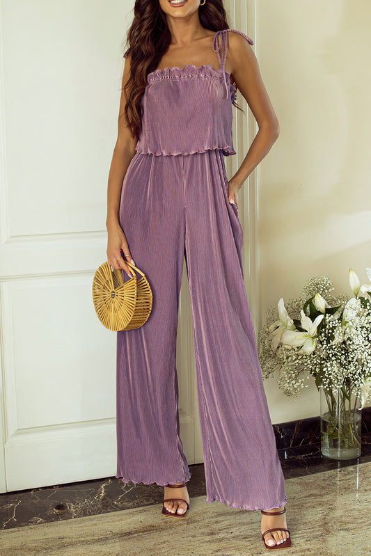 Rose Tan Solid Self Tied Straps Pleated Wide Leg Jumpsuit-TOPS / DRESSES-[Adult]-[Female]-Rose Tan-S-2022 Online Blue Zone Planet
