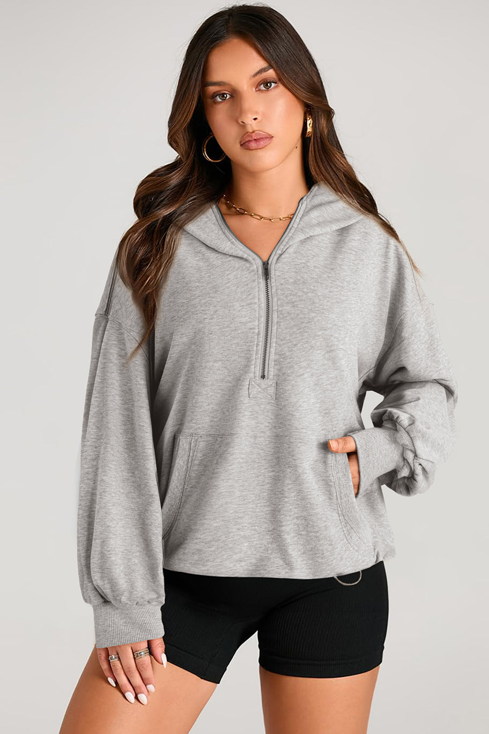 Pocketed Half Zip Long Sleeve Hoodie-HOODIES-[Adult]-[Female]-Gray-S-2022 Online Blue Zone Planet