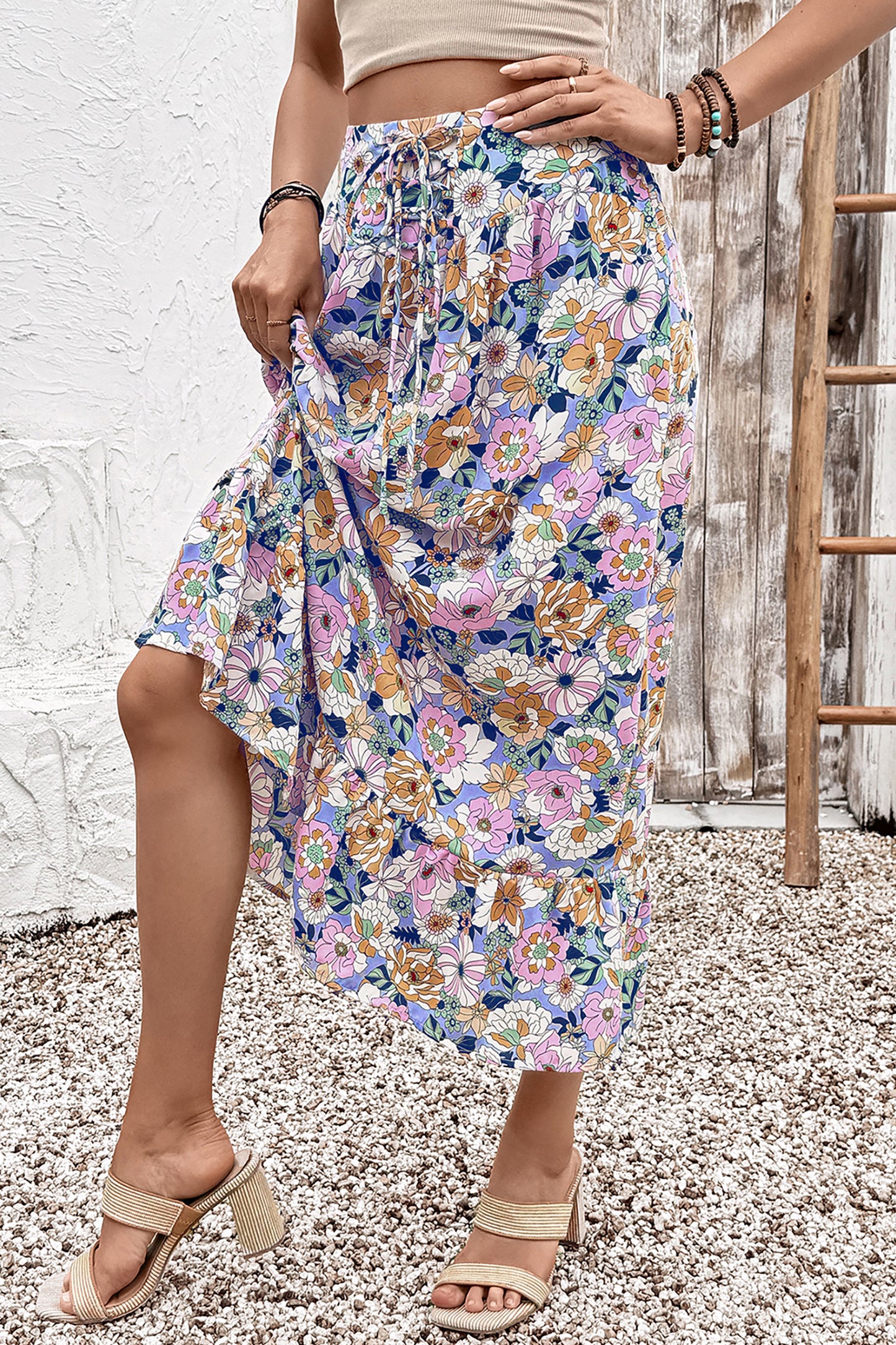 Pink Floral Print Lace-up High Waist Ruffle Hem Maxi Skirt-Bottoms/Skirts & Petticoat-[Adult]-[Female]-2022 Online Blue Zone Planet