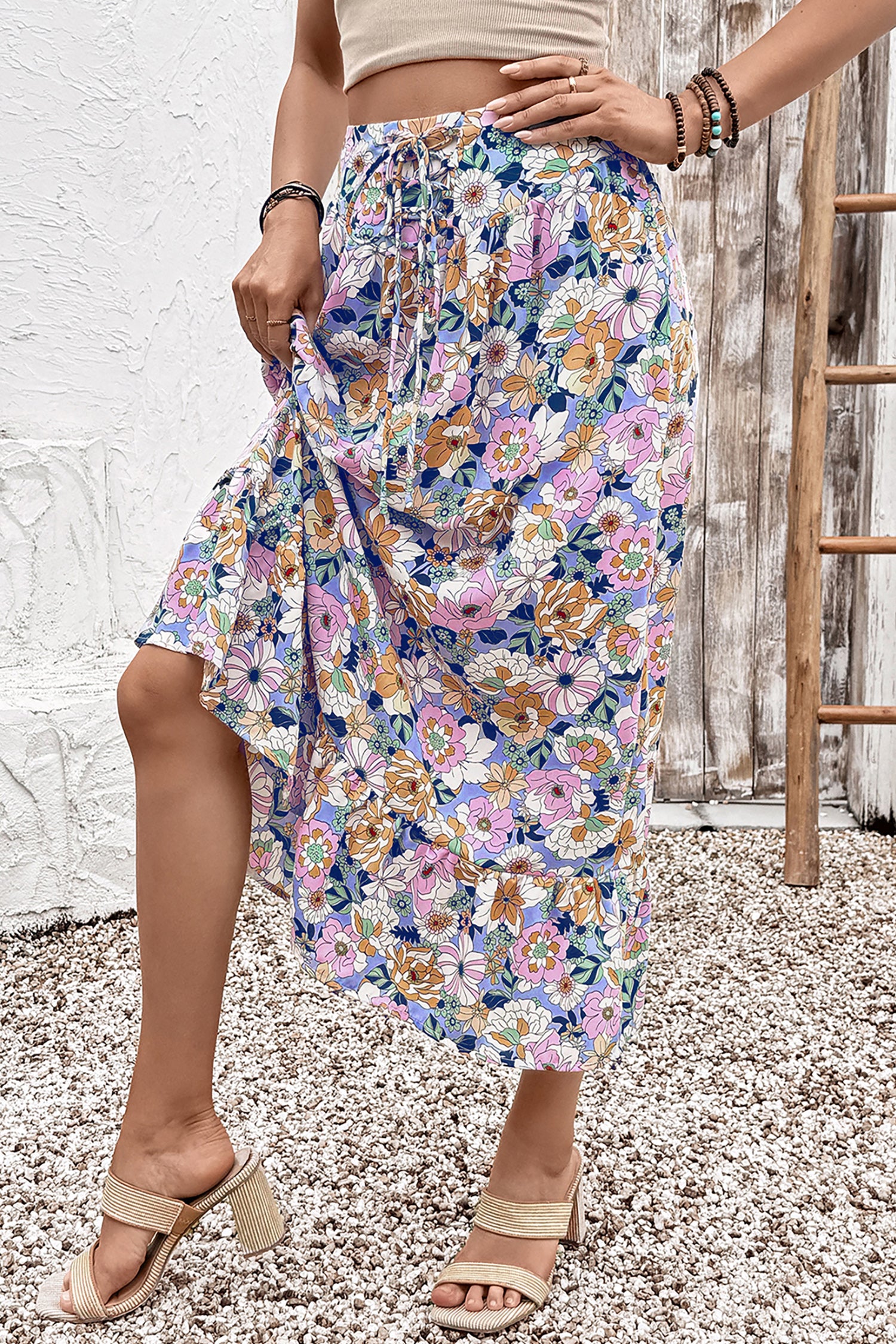 Pink Floral Print Lace-up High Waist Ruffle Hem Maxi Skirt-Bottoms/Skirts & Petticoat-[Adult]-[Female]-2022 Online Blue Zone Planet