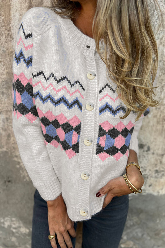 Pink Stripe Geometric Button Up Sweater Cardigan-TOPS / DRESSES-[Adult]-[Female]-Pink Stripe-S-2022 Online Blue Zone Planet