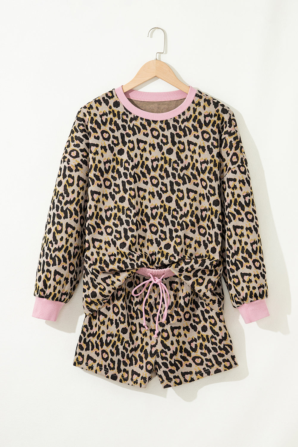 Pink Leopard Print Contrast Edge Long Sleeve Pullover Shorts Set-Two Piece Sets/Short Sets-[Adult]-[Female]-2022 Online Blue Zone Planet