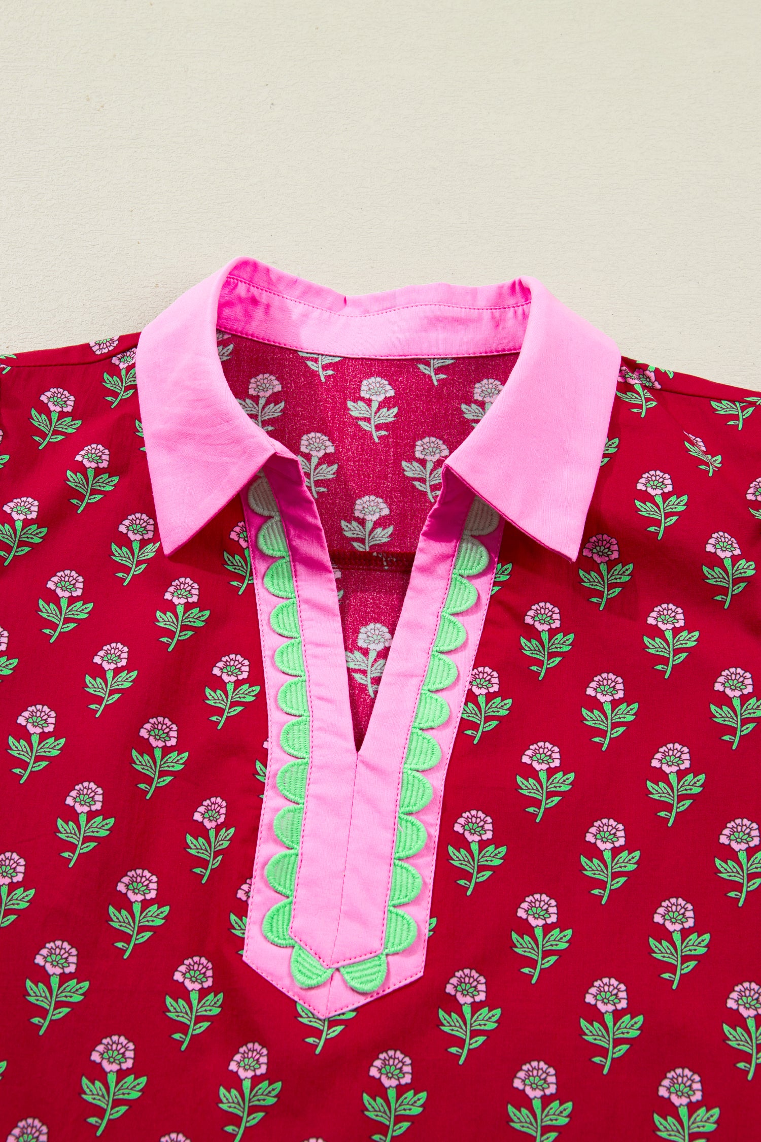 Red Floral Print Contrasted V Neck Short Bubble Sleeve Mini Dress-TOPS / DRESSES-[Adult]-[Female]-2022 Online Blue Zone Planet
