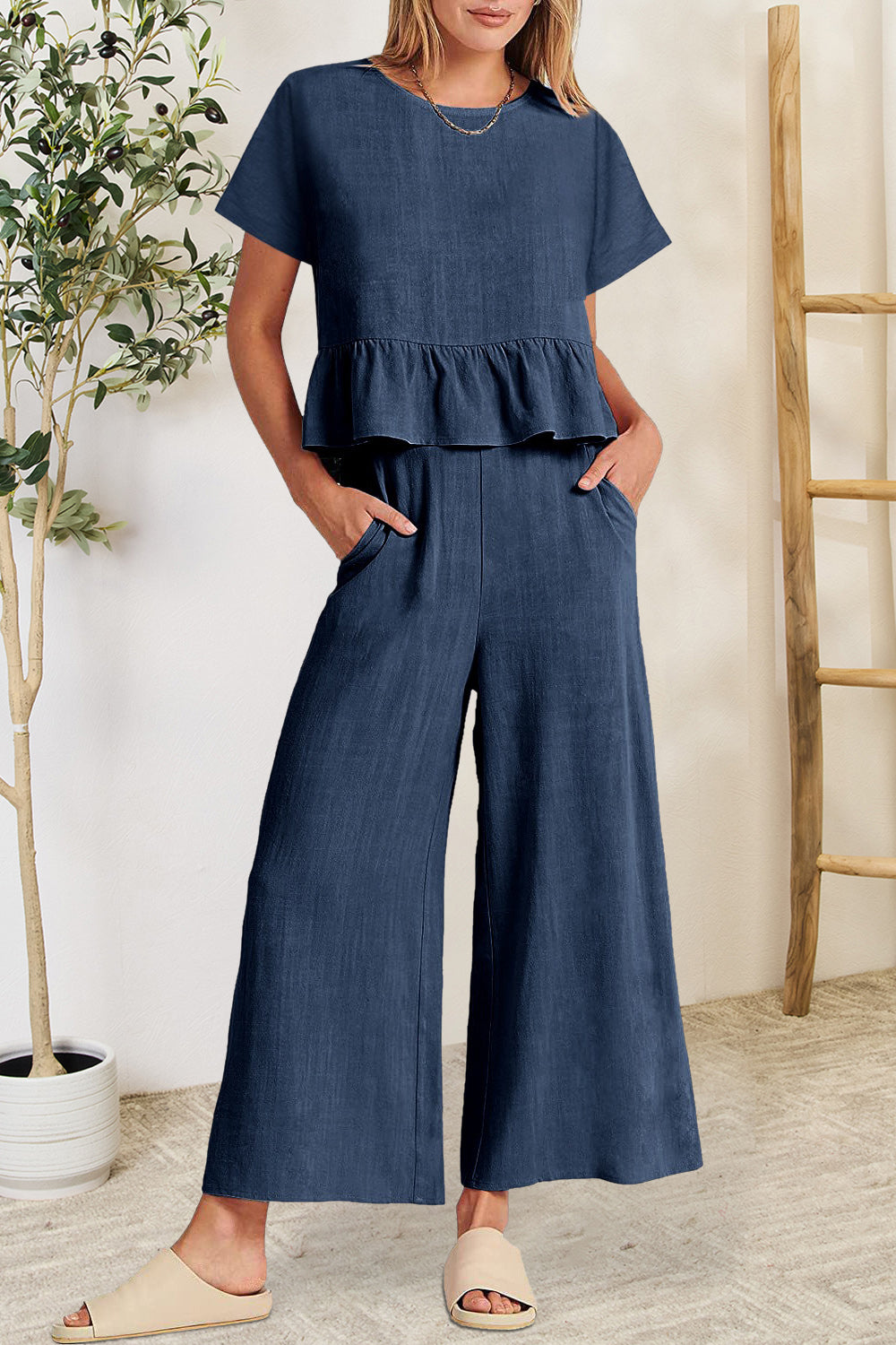 Blue Zone Planet | Peplum Round Neck Short Sleeve Top and Pants Set-TOPS / DRESSES-[Adult]-[Female]-Dark Blue-S-2022 Online Blue Zone Planet