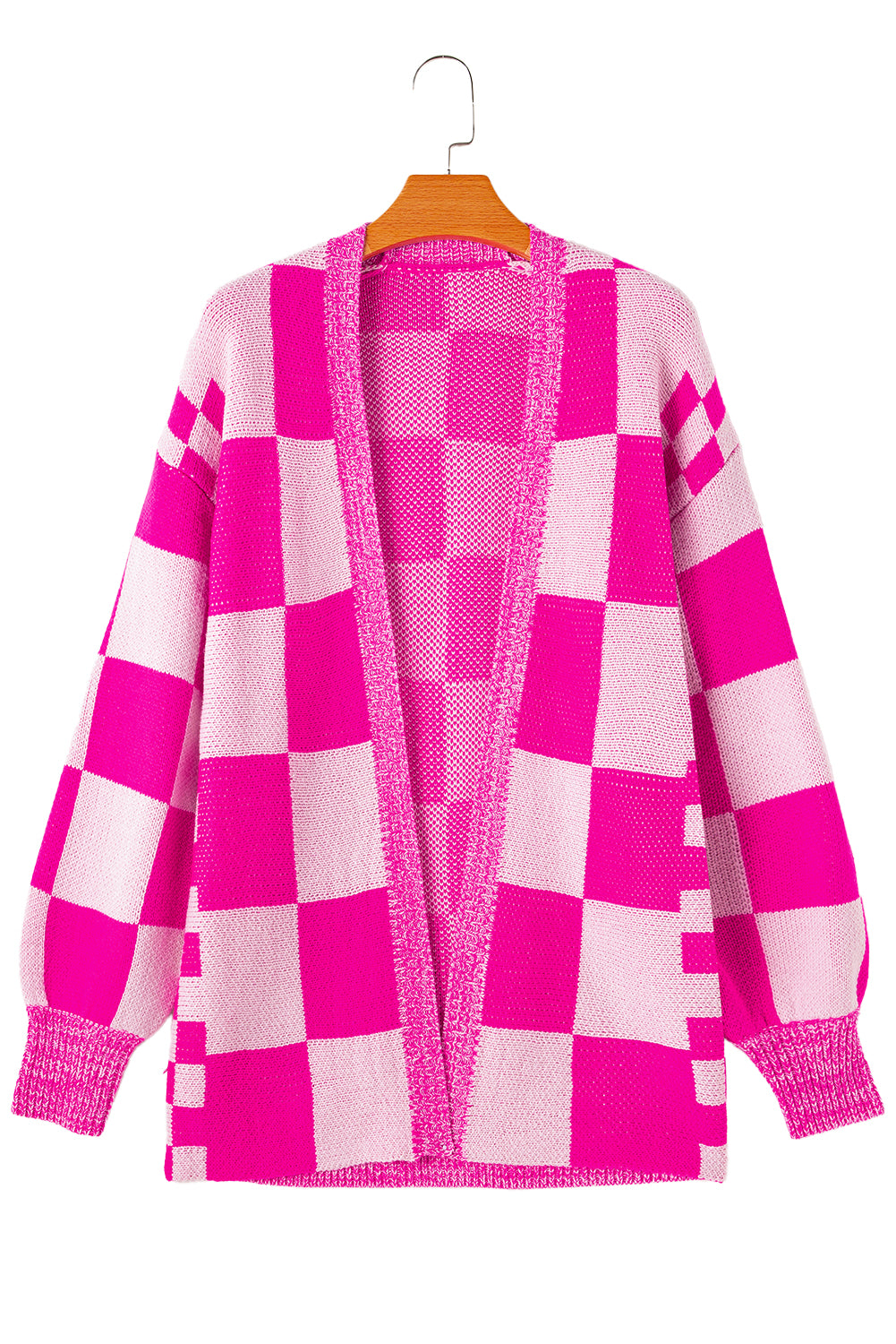 Blue Zone Planet | Rose Red Checkered Printed Ribbed Trim Open Front Cardigan-Cardigans-[Adult]-[Female]-2022 Online Blue Zone Planet